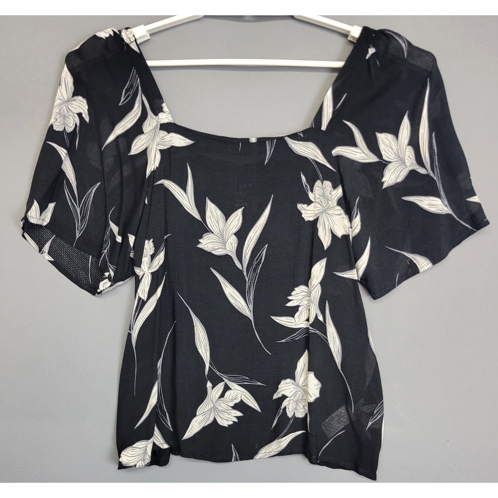 A New Day‎ Square Neck Top Womens Small Black Floral Sheer Short Sleeves New